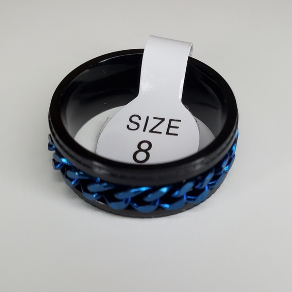 Titanium Black with Chain Links Blue  Size 8 Ring Unisex - Picture 3 of 4